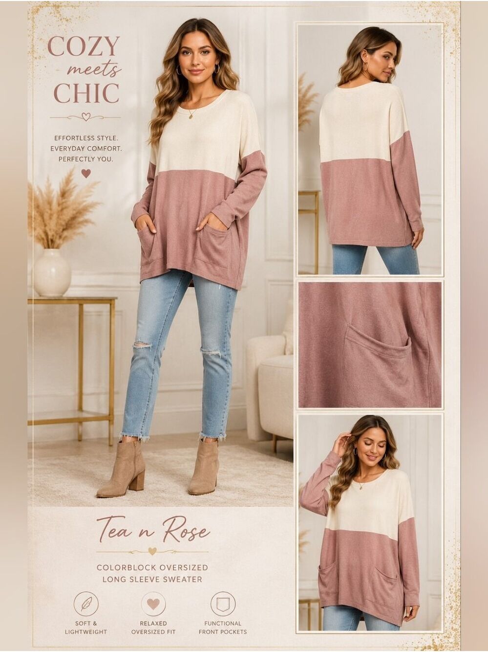 Tea n Rose - Cream and Dusty Rose Colorblock - Oversized Long Sleeve Sweater